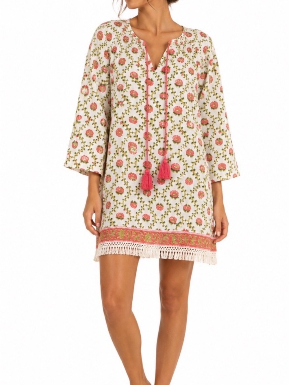 Cream and Red Floral Long-Sleeve Shift Dress